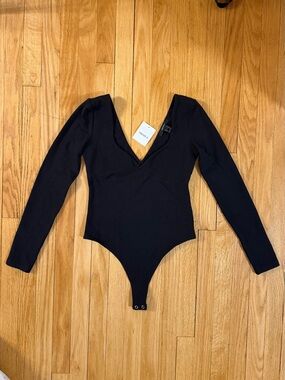 Deep V Long Sleeve Black Bodysuit